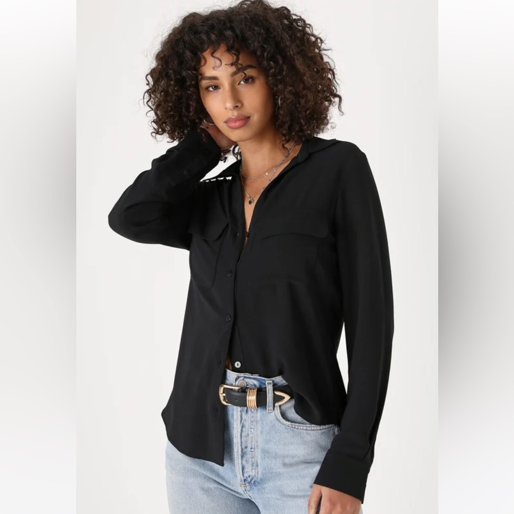 Lulu’s Sophisticated Season Black Long Sleeve Button-Up Top